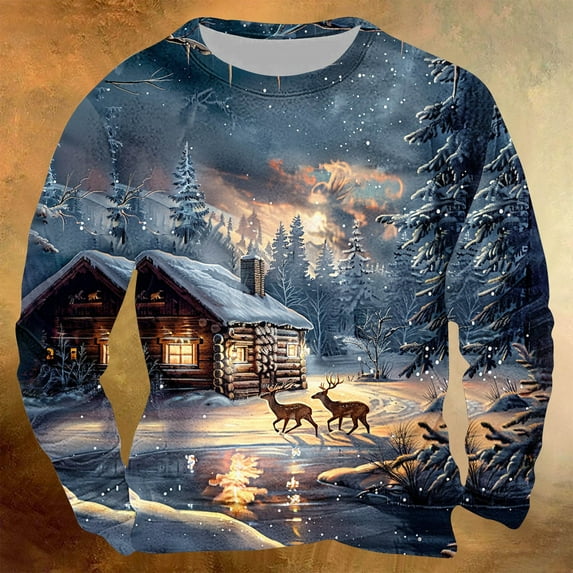 Brondbend Tops for Men Christmas Mens Shirts Casual Long Sleeved Crew Neck Pullover Print Stylish Blouse Loose Fit Festival Clothes Multicolor