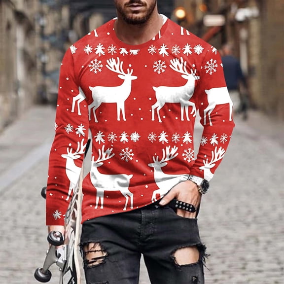 Brondbend Tops for Men Christmas Mens Shirts Long Sleeve Crewneck Pullover Printed Fashion Blouse Loose Anniversary Clothes White