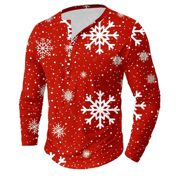 Brondbend Tops for Men Christmas Shirts for Men Long Sleeve Crewneck Button Pullover Printed Comfortable Blouse Loose Work Clothes Red