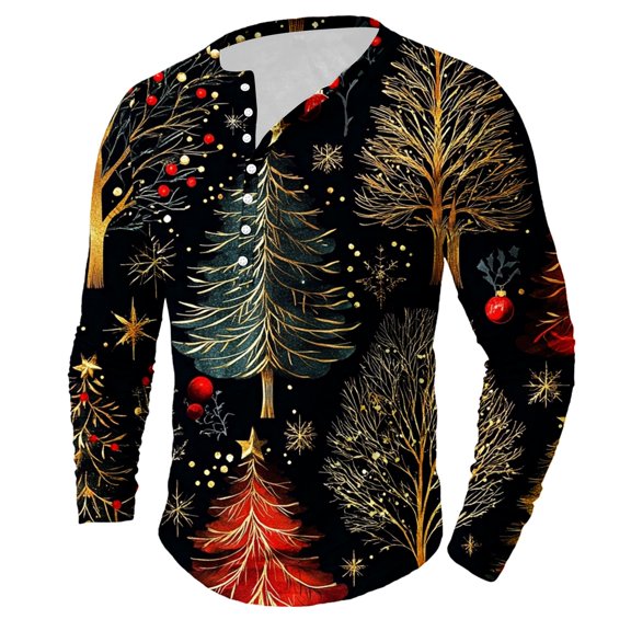 Brondbend Tops for Men Christmas Shirts for Men Long Sleeved Crew Neck Button Pullover Print Stylish Blouse Regular Fit Holiday Clothes Black