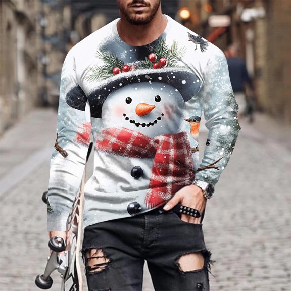 Brondbend Tops for Men Christmas Shirts for Men Long Sleeved Crew Neck Workout Pullover Print Casual Blouse Regular Fit Work Clothes White