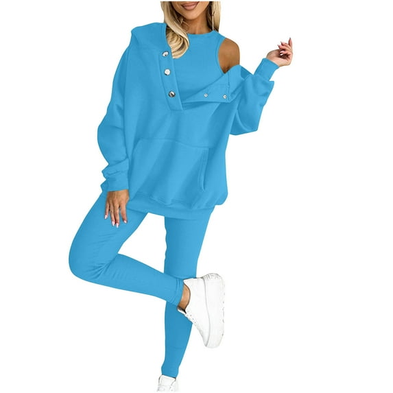 Brondbend Tracksuit for Women 3 Piece Sweat Suits for Women Hoodies Long Sleeve Solid Color Button Sweatshirt and Tight Sweatpant Set Fall Winter Comfortable Workout Outfits,Sky Blue