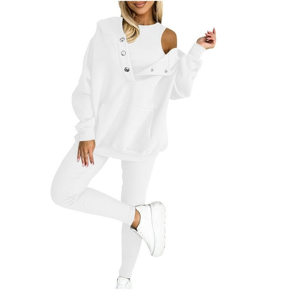 Brondbend Tracksuit for Women 3 Piece Sweat Suits for Women Hoodies Long Sleeve Solid Color Button Sweatshirt and Tight Sweatpant Set Fall Winter Comfortable Workout Outfits,White