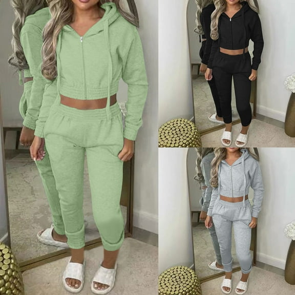 Brondbend Tracksuit Women Sweatsuits Women 2 Piece Outfit Long Sleeve Full Zipper Hooded Solid Cropped Sweatshirt and Tight Sweatpant Set Fall Athletic Comfortable Suits,Black