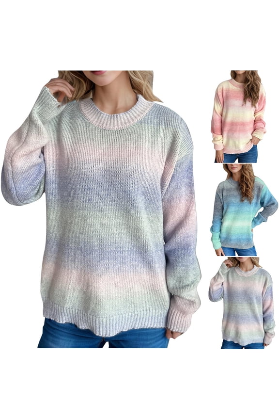 Trendy Sweaters for Women Knitted Sweaters for Women Crewneck Long Sleeved Top Fashion Gradient Color Oversized Thick Pullover Winter Comfortable Party Warm Top,Blue