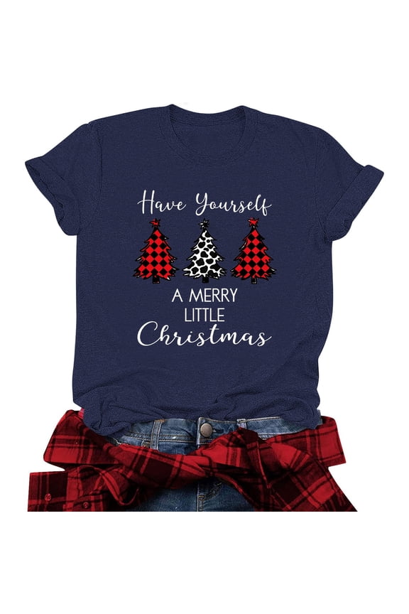 Trendy Tops for Women Shirt for Women Crew Neck Short Sleeved Blouse Print Comfy Relaxed Loose Fit Anniversary Tops Summer Fall Wear,Navy