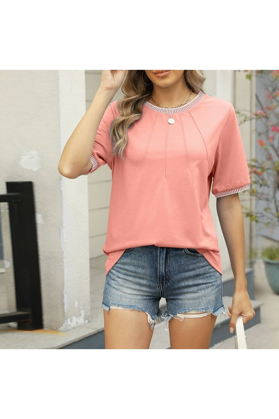 Trendy Tops for Women T-Shirt Women Crew Neck Short Sleeved Blouse Thread Stylish Loose Fit Festival Tops Summer Fall Wear,Pink