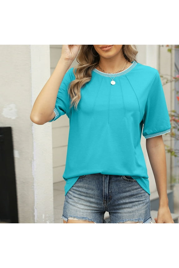 Trendy Tops for Women T Shirt for Women Crew Neck Short Sleeved Blouse Thread Stylish Loose Fit Weekend Tops Summer Fall Wear,Blue