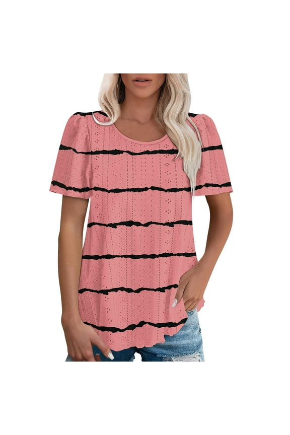 Trendy Womens Tops Tees for Women Crew Neck Short Sleeved Blouse Stripe Fashion Loose Fit Anniversary Tops Summer Fall Wear,Pink