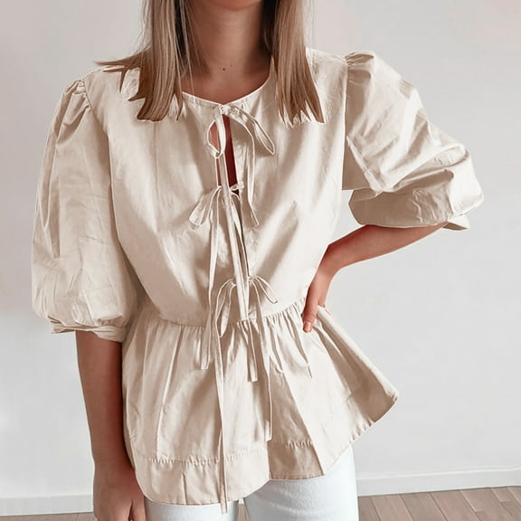 Brondbend Tshirt Women Tops Women Crewneck Elbow-Length Sleeve Tie Solid Color Blouse Comfy Stylish Loose Fit Ladies Tops Daily Spring Summer Clothes Khaki