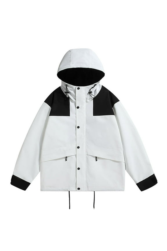Waterproof Jacket for Men Men's Style Zipper Opening Upper Outer Garment Hooded Long-Sleeved Windproof Coat Plus Size Fall Winter Outdoor Mountaineering,White