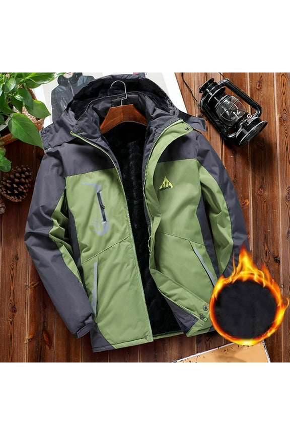 Waterproof Jacket for Men Thick Jacket Windproof Cold Proof Long Sleeve Zipper Pocket Detachable-Hat Casual Outerwear Jacket Oversized Outdoor Hiking Climb Coat,Green