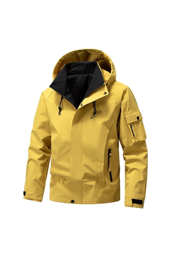 Waterproof Rain Jacket Mens Men's Solid Color Waterproof Long Sleeved Hooded Workwear with Multiple Pockets Jacket Plus Size Fall Winter Climb Mountains,Yellow