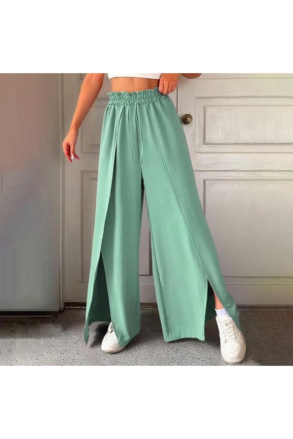 Wide Leg Womens Pants Casual Long Pants for Women High Waist Pleated Soild Color Slit Trousers with Drawstring Loose Fit Summer Fall Trendy Party Travel Versatile,Green