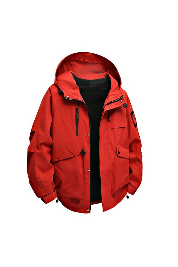 Wind Jacket Men Men's Solid Color Waterproof Long Sleeved Hooded Workwear with Multiple Pockets Jacket Oversized Outdoor Hiking Climb Coat,Red
