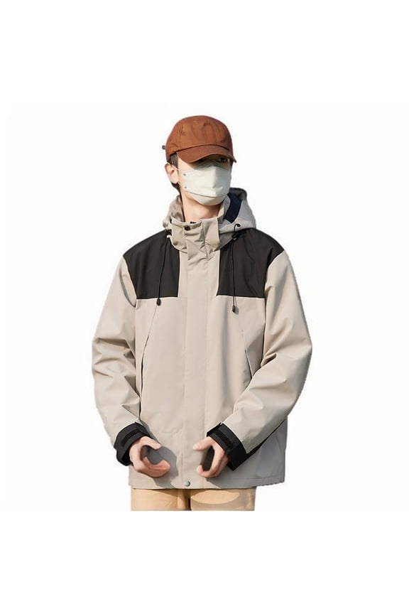 Windproof Jacket Men Man Color Match Water Resistance Drawstring Pockets Hooded Outdoor Jacket Coat Oversized Outdoor Hiking Climb Coat,Gray