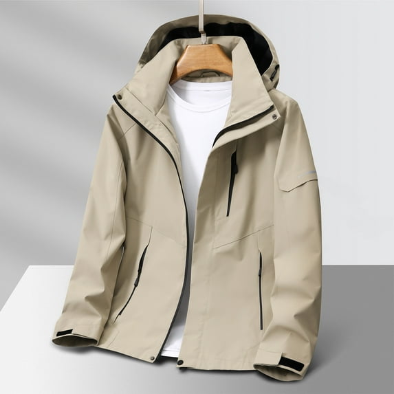 Brondbend Windproof Jacket Men Solid Color Outdoors Mountaineering Wearproof Warm Zipper Multi-pocket Coat Long Sleeve Jacket Loose Fit Outdoor Trendy Hiking Versatile,Khaki