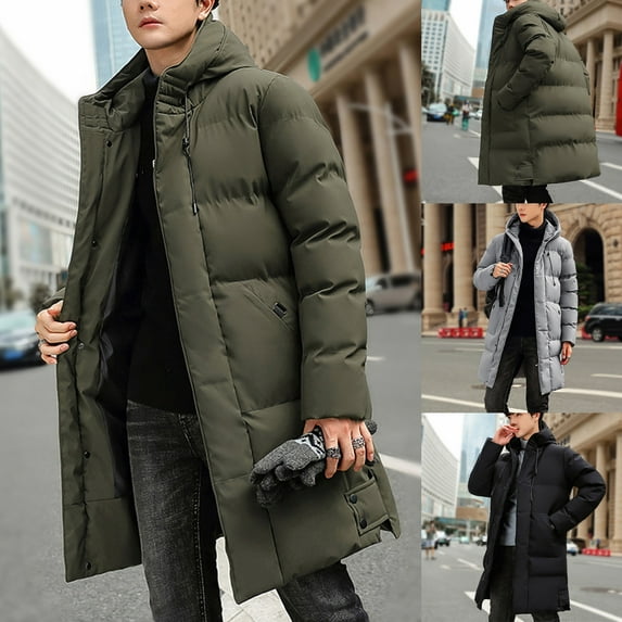 Brondbend Winter Coat for Men Jackets for Men Hooded Long Sleeved Zipper Pocket Outerwear Solid Color Warm Jacket Loose Fit Holiday Tops Army Green