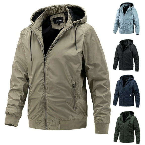 Brondbend Winter Coat for Men Jackets for Men Hooded Long Sleeved Zipper Pocket Outerwear Solid Color Warm Jacket Loose Fit Party Tops Army Green