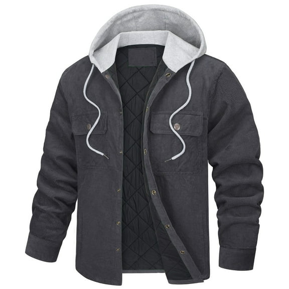 Brondbend Winter Coats for Men Jacket for Men Hooded Long Sleeved Pocket Button Outerwear Solid Color Casual Jacket Loose Fit Daily Tops Gray