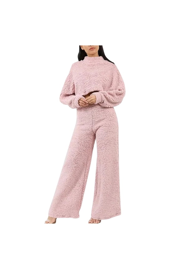 Winter Pajamas Women Set Lounge Sets for Women Crewneck Long Sleeve Solid Color Sleepwear Outfits with Wide Leg Long Pants ,Loose Thick Warm Daily Home Wear,Pink