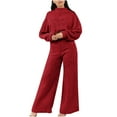 thumbnail image 1 of Brondbend Winter Pajamas Women Set Lounge Sets for Women Crewneck Long Sleeve Solid Color Sleepwear Outfits with Wide Leg Long Pants ,Loose Thick Warm Daily Home Wear,Wine, 1 of 6