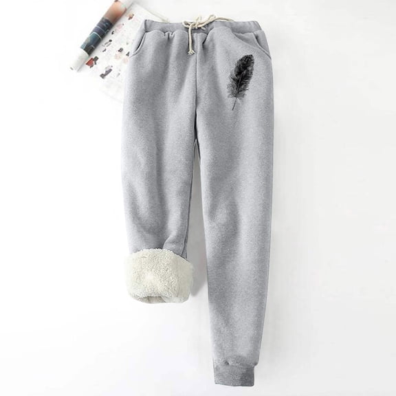 Brondbend Winter Sweatpants for Women Fleece Sweat Pants Women Thicked Joggers Pants High Waist Print Drawstring Pocket Workout Trousers Loose Outdoor Comfortable Athletic,Gray