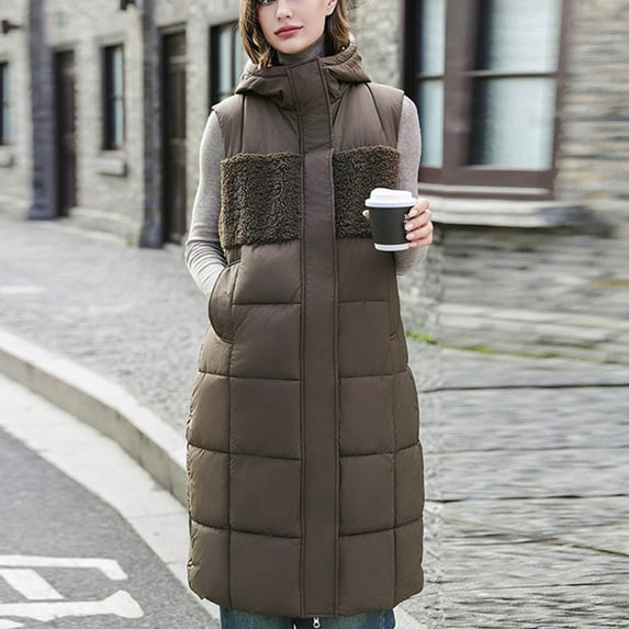 Brondbend Winter Vests for Women Coat Women Hooded Sleeveless Pocket Zipper Outerwear Solid Color Thick Loose Fit Coats Lady Anniversary Tops Brown