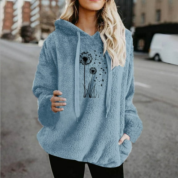 Brondbend Woman Hoodie Pull over Sweatshirt for Womens Long Sleeved Drawstring Pocket Pullover Print Fashion Loose Tops Lady Climb Mountains Fall Winter Wear Light Blue