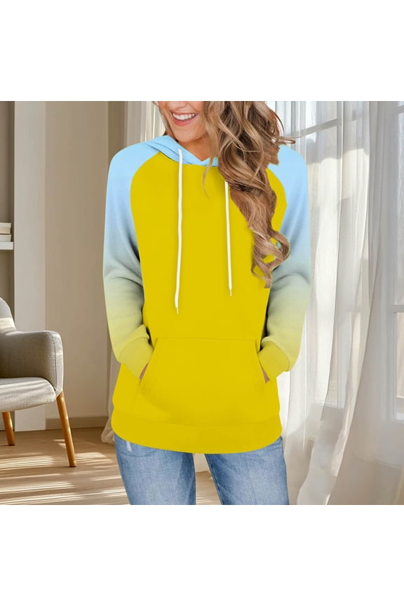 Woman Hoodie Pullover Women Long Sleeved Drawstring Pocket Pullover Multicolor Stylish Loose Tops Ladies Outdoor Workout Fall Winter Wear Yellow