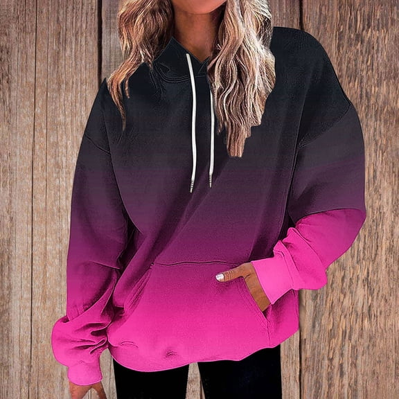 Brondbend Woman Hoodie Pullover for Womens Long Sleeved Drawstring Pocket Pullover Gradient Color Casual Loose Tops Ladies Climb Mountains Fall Winter Wear Red