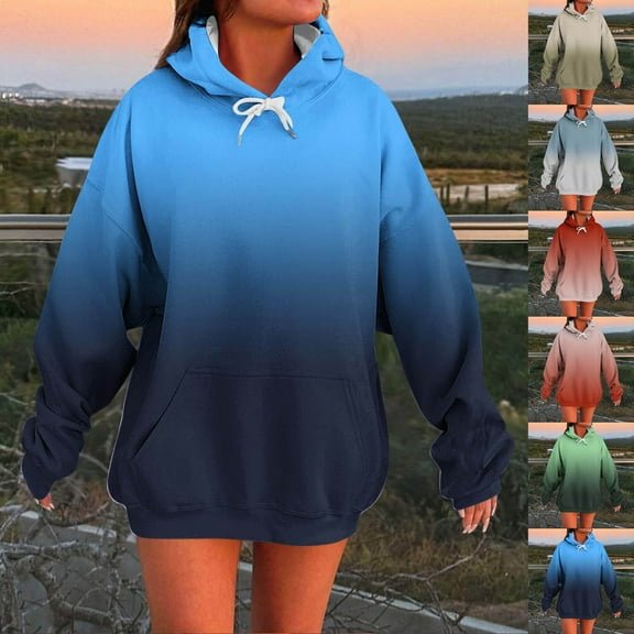 Brondbend Woman Hoodie Pullover Womens Long Sleeved Pockets Drawstring Pullover Print Soft Stylish Oversized Tops Ladies Outdoor Sport Fall Winter Wear Blue