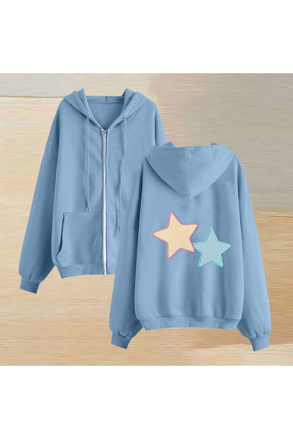 Woman Hoodie Womens Hoodie Sweatshirt Long Sleeved Zipper Drawstring Pocket Pullover Print Comfy Relaxed Loose Tops Lady Weekend Workout Fall Winter Wear Blue
