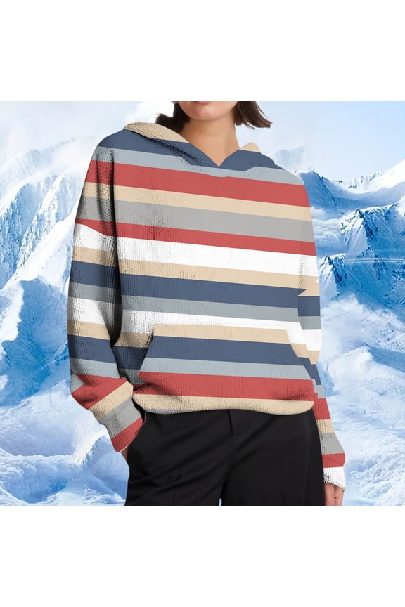 Woman Hoodie Womens Pullover Long Sleeved Pocket Pullover Stripe Comfortable Loose Fit Tops Ladies Outdoor Travel Fall Winter Wear Multicolor