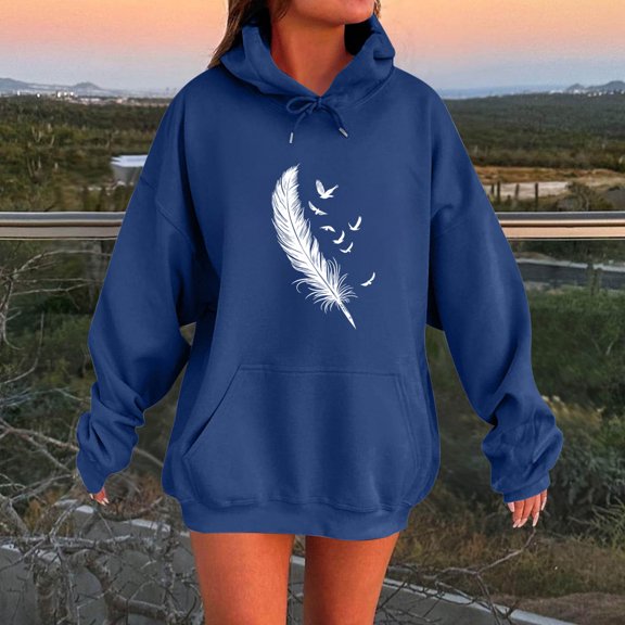 Brondbend Woman Hoodie Womens Pullovers Long Sleeved Drawstring Pocket Pullover Print Comfortable Loose Fit Tops Lady Party Fall Winter Wear Blue