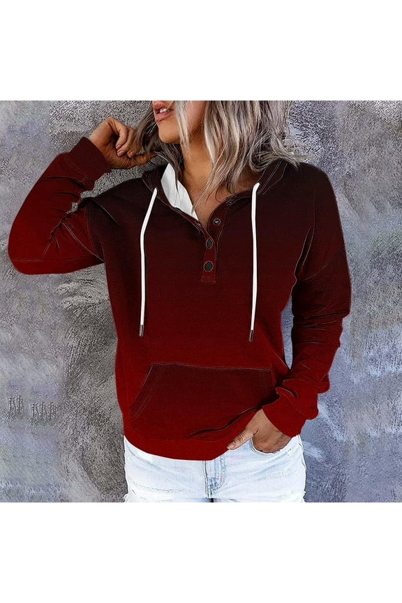 Woman Hoodies Pull over Sweatshirt for Womens Long Sleeved Pockets Drawstring Button Pullover Print Comfy Stylish Oversized Tops Lady Outdoor Workout Fall Winter Wear Wine