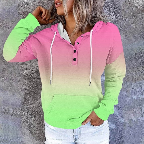 Brondbend Woman Hoodies Pullover Woman Long Sleeved Drawstring Pocket Button Pullover Print Stylish Oversized Tops Lady Going out Running Fall Winter Wear Hot Pink