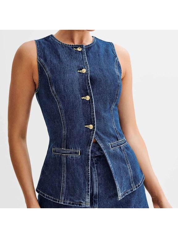 Woman Jean Jacket Denim Jacket for Women Crewneck Sleeveless Button Fashion Top Solid Color Slim Comfortable Party Work Outerwear Versatile Blue
