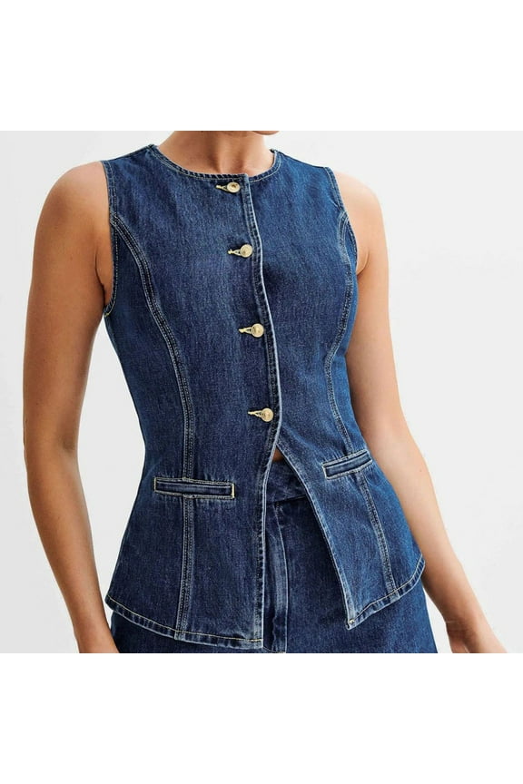 Woman Jean Jacket Denim Jacket for Women Crewneck Sleeveless Button Fashion Top Solid Color Slim Comfortable Party Work Outerwear Versatile Blue