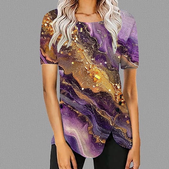 Brondbend Woman Shirt Womens Trendy Tops Crewneck Short Sleeved Print Blouse Lightweight Loose Fit Ladies Tops School Spring Summer Clothes Purple