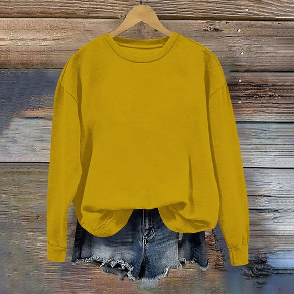 Brondbend Woman Sweatshirt Women Pullover Sweatshirt Crewneck Long Sleeved Top Solid Color Comfortable Loose Tops Lady Holiday Fall Winter Clothes Gold