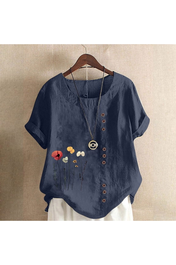 Woman Top Womens Shirts Crew Neck Short Sleeved Cotton Blouse Print Fashion Loose Fit Club Tops Summer Fall Wear,Navy