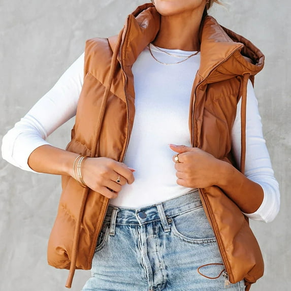Brondbend Woman Vest Jacket Winter Coat for Women Hooded Sleeveless Pocket Zipper Outerwear Solid Color Thick Loose Fit Coats Lady Weekend Tops Brown