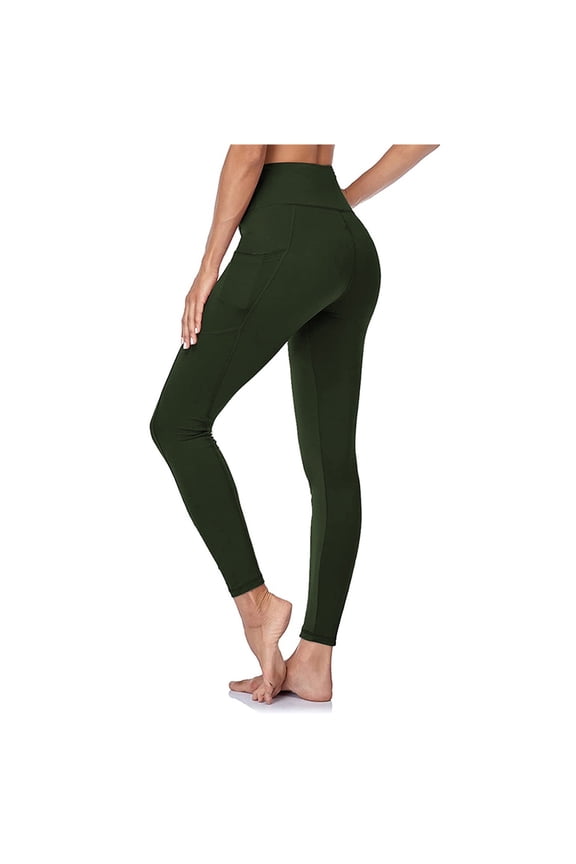 Woman Yoga Pants Womans Leggings Elastic High Waisted Belly Control Workout Trousers Pocket Solid Color Trendy Tights Slim Fit Gym Athletic Jogger Army Green