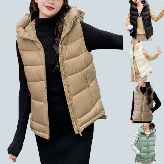 Brondbend Woman's Jackets Coat Women Hooded Sleeveless Pocket Zipper Outerwear Solid Color Fashion Loose Fit Coats Lady Festival Tops Beige