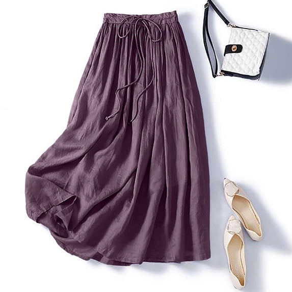WWV Woman's Skirts Elastic Waist Flowy Swing Cotton Linen Skirt Dress with Drawstring Summer Solid Color Vintage Lady Loose Fit Holiday Skirt Purple L