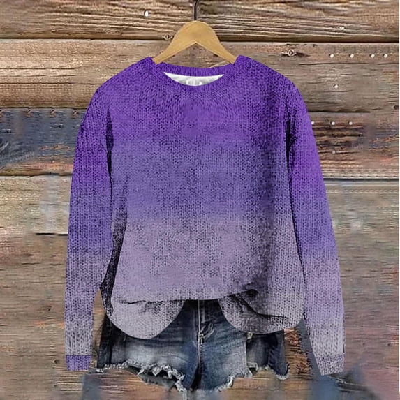 Brondbend Woman's Sweaters Knitted Sweaters Women Crewneck Long Sleeved Gradient Color Printed Pullover Ladies Loose Hoodless Sweater Blouse Fall Winter Versatile Warm Top,Purple