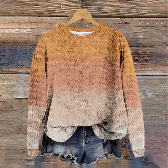 Brondbend Woman's Sweaters Knitted Sweaters Women Crewneck Long Sleeved Gradient Color Printed Pullover Ladies Loose Hoodless Sweater Blouse Fall Winter Versatile Warm Top,Orange
