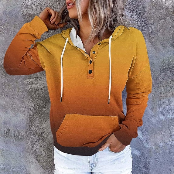 Brondbend Womans Hoodie Hoodies for Women Pullover Long Sleeved Pockets Drawstring Button Pullover Print Comfy Stylish Oversized Tops Ladies School Workout Fall Winter Wear Yellow