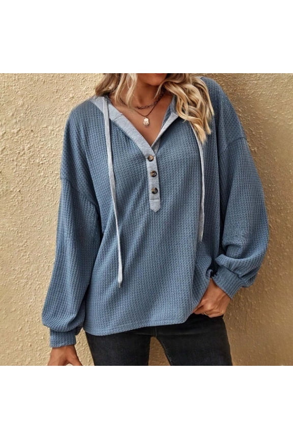 Womans Hoodie Womens Pullover Long Sleeved Button Drawstring Pullover Print Comfy Stylish Loose Tops Lady Gym Workout Fall Winter Wear Blue